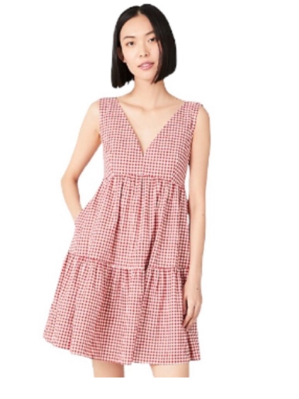 Kate Spade Sleeveless Gingham V-Neck Tiered Dress
